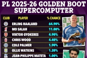 超算预测英超金靴：哈兰德64.9%遥遥领先，萨拉赫第2约克雷斯第3