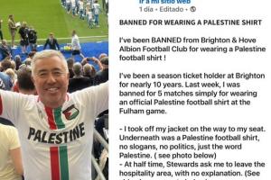 布莱顿赛季票持有者发文，称因穿巴勒斯坦球衣遭俱乐部禁赛五场