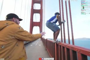 顶流网红Speed穿库里球衣站金门大桥护栏上后空翻 经纪人吓个半死