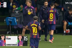 比赛第63分钟，亚马尔、佩德里被巴德吉和克里斯滕森换下